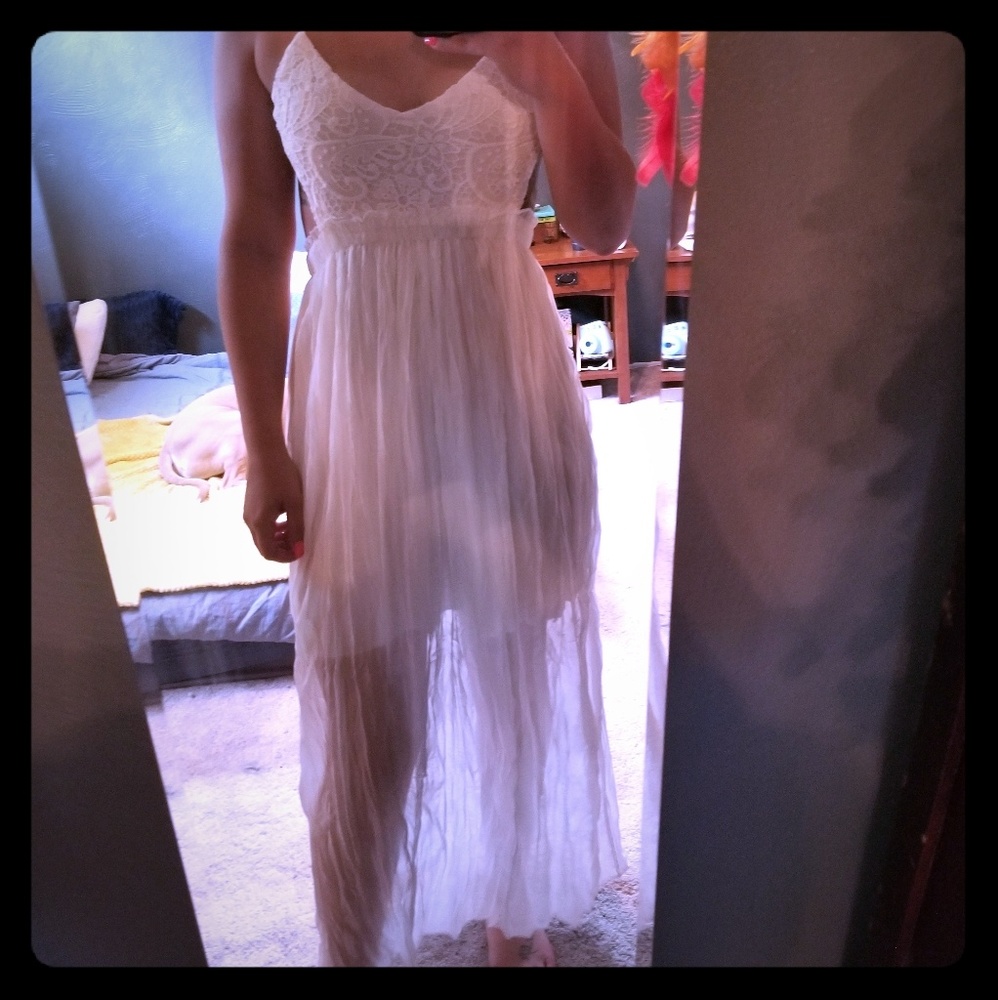 White, lace, open- back, maxi dress